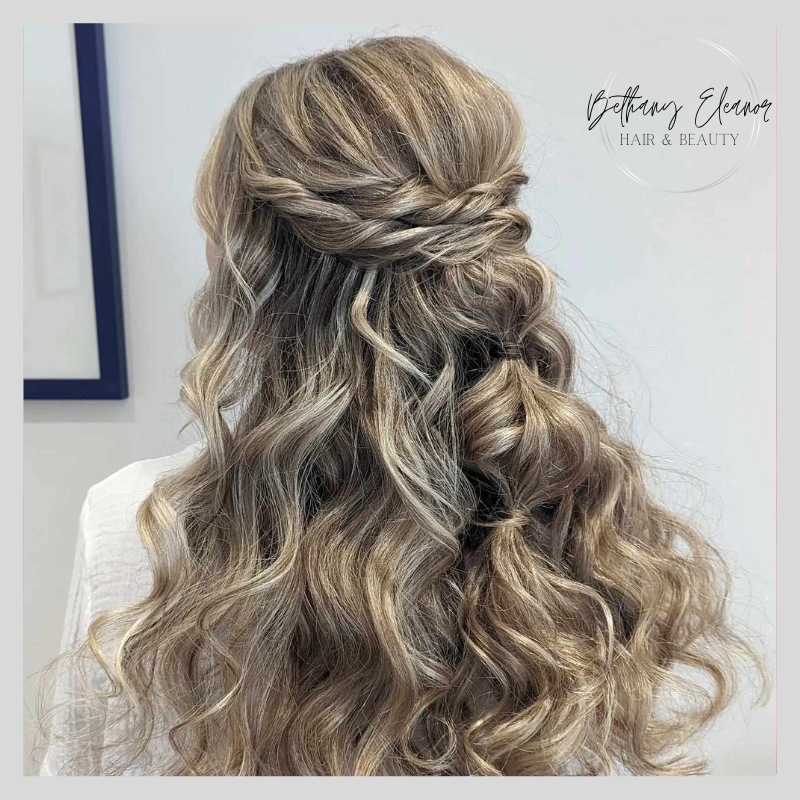 Image of bridal hair, curled and braided by Bethany Eleanor Hair & Beauty