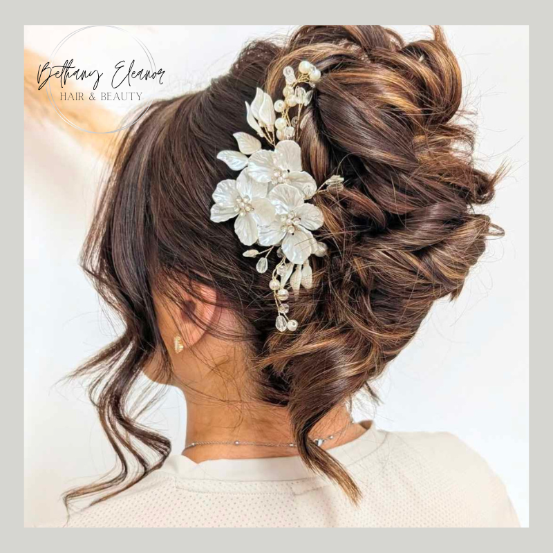 Image of bridal hair, braided plait across one side of the head by Bethany Eleanor Hair & Beauty