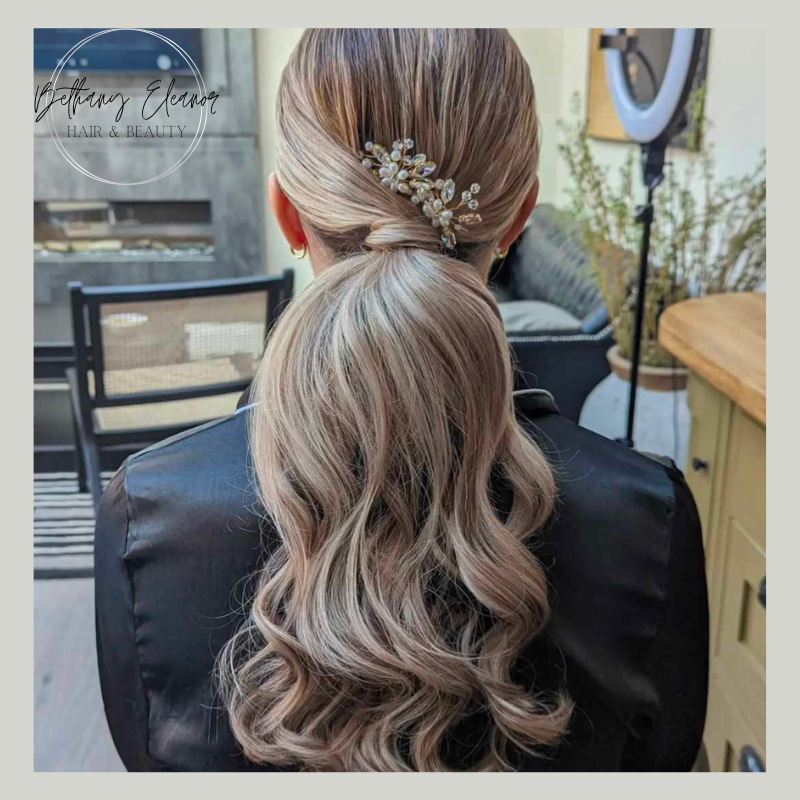 Stunning half plait and half up hair style with curled romantic tendrils of hair by Bethany Eleanor Hair & Beauty
